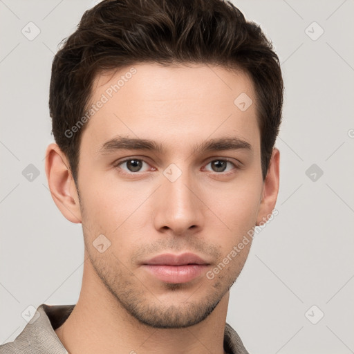 Neutral white young-adult male with short  brown hair and grey eyes