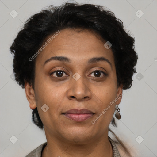 Joyful latino adult female with short  brown hair and brown eyes