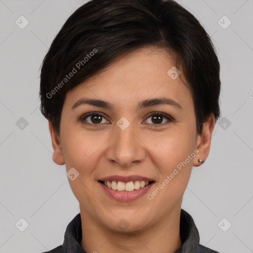 Joyful white young-adult female with short  brown hair and brown eyes