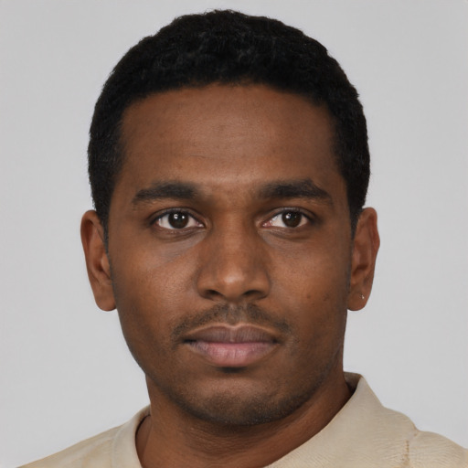 Neutral black young-adult male with short  black hair and brown eyes