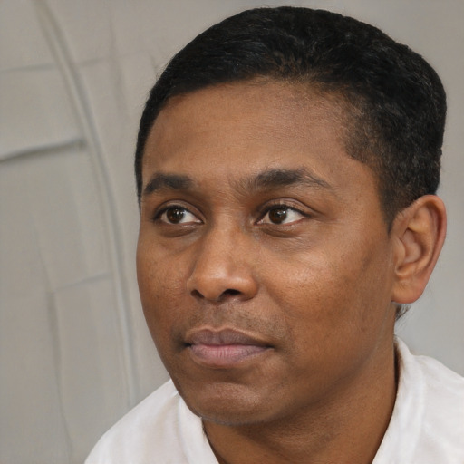 Neutral black young-adult male with short  black hair and brown eyes