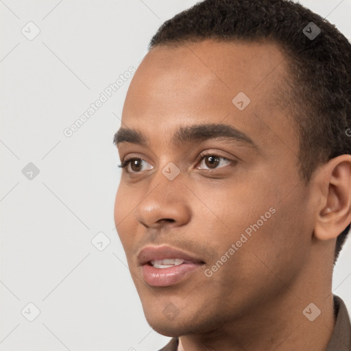 Neutral black young-adult male with short  black hair and brown eyes