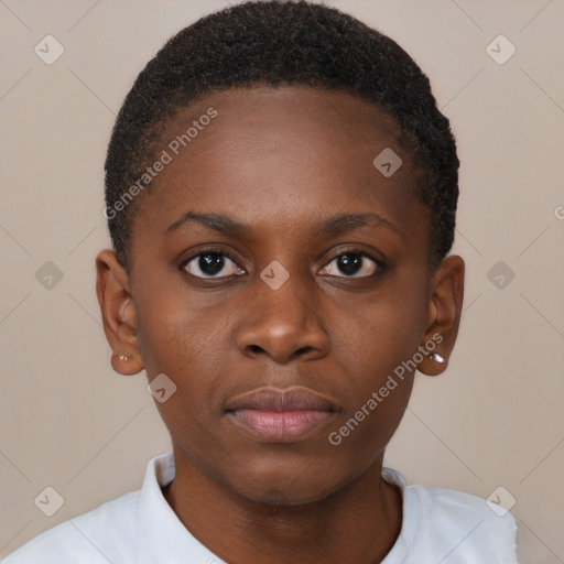 Neutral black young-adult female with short  brown hair and brown eyes