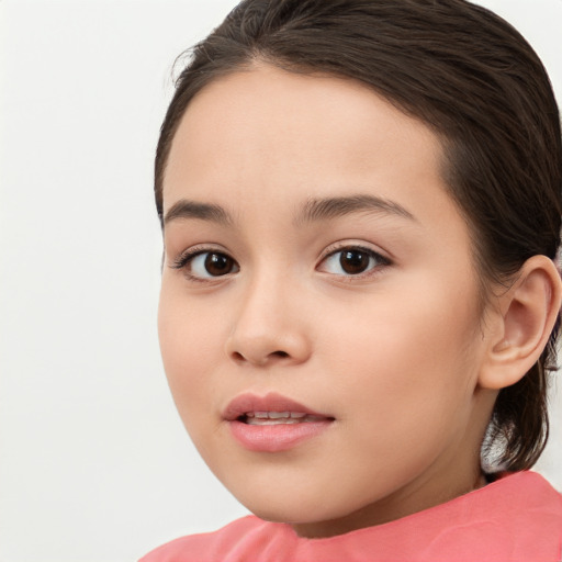 Joyful white child female with medium  brown hair and brown eyes