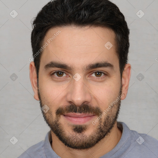 Joyful white young-adult male with short  brown hair and brown eyes