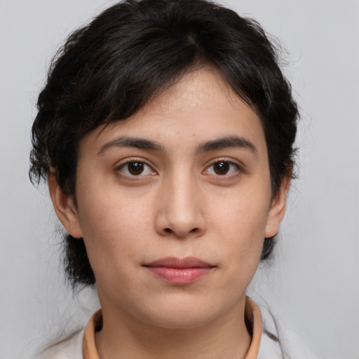 Neutral asian young-adult female with medium  brown hair and brown eyes