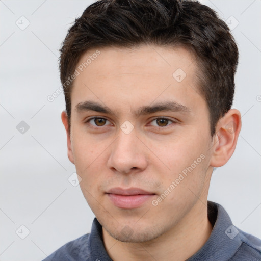 Neutral white young-adult male with short  brown hair and brown eyes