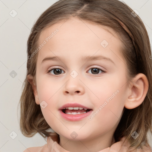 Joyful white child female with medium  brown hair and grey eyes