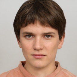 Neutral white young-adult male with short  brown hair and grey eyes