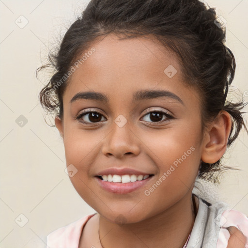 Joyful white child female with medium  brown hair and brown eyes