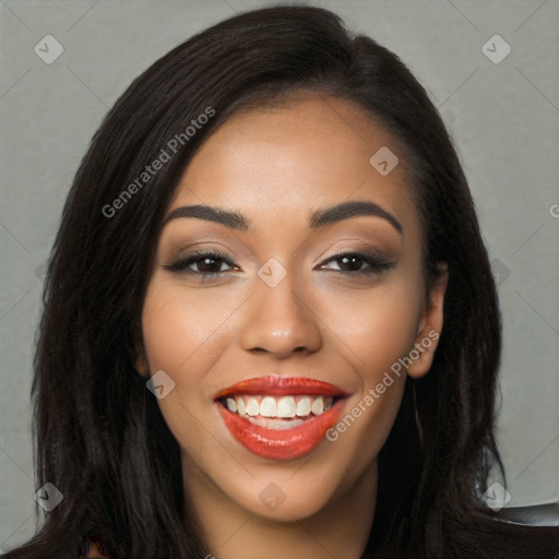 Joyful latino young-adult female with long  brown hair and brown eyes