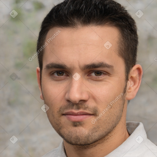 Neutral white young-adult male with short  brown hair and brown eyes