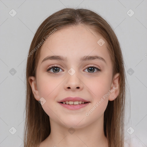 Joyful white child female with medium  brown hair and brown eyes