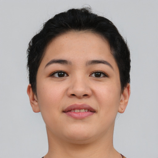 Joyful asian young-adult female with short  brown hair and brown eyes