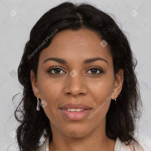 Joyful latino young-adult female with long  brown hair and brown eyes