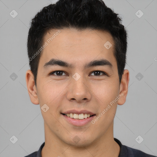 Joyful latino young-adult male with short  brown hair and brown eyes