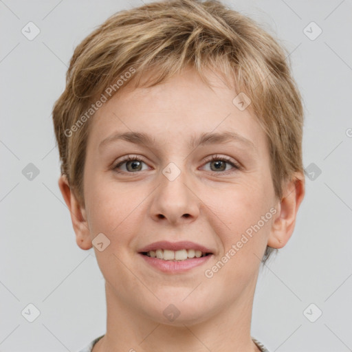 Joyful white young-adult female with short  brown hair and grey eyes