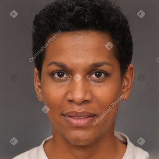 Joyful black adult female with short  brown hair and brown eyes