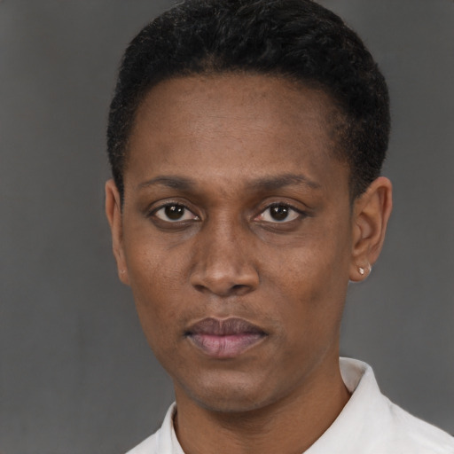 Neutral black young-adult female with short  black hair and brown eyes