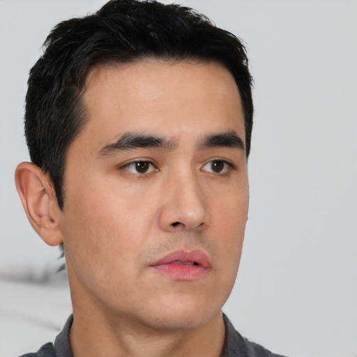 Neutral asian young-adult male with short  black hair and brown eyes
