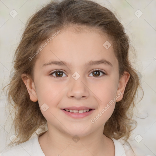 Joyful white child female with medium  brown hair and brown eyes