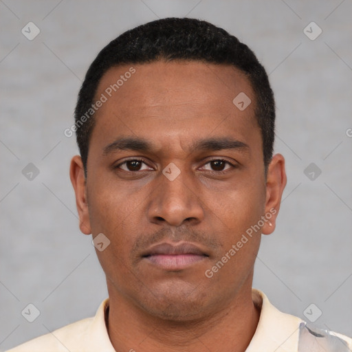 Neutral latino young-adult male with short  black hair and brown eyes