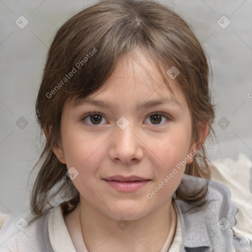 Joyful white child female with medium  brown hair and brown eyes