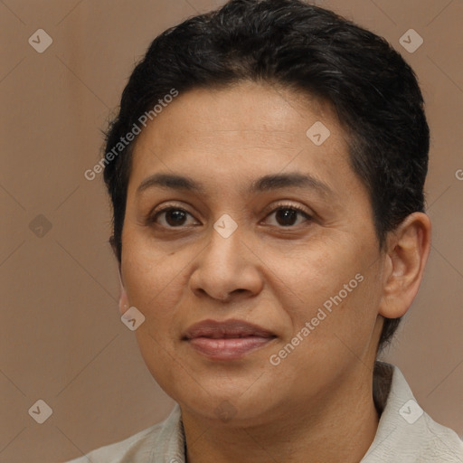 Joyful latino adult female with short  brown hair and brown eyes