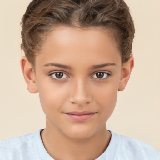 Joyful white child female with short  brown hair and brown eyes