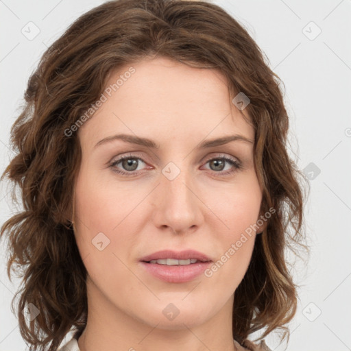 Joyful white young-adult female with medium  brown hair and green eyes