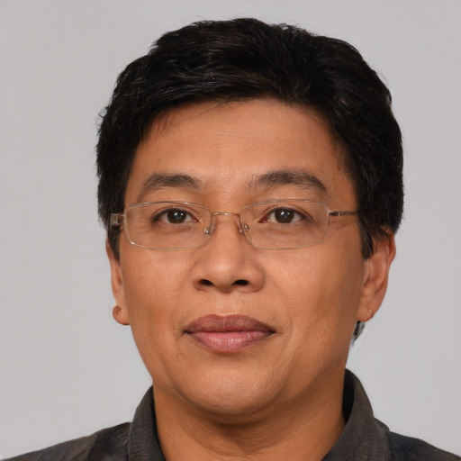 Joyful asian adult male with short  black hair and brown eyes