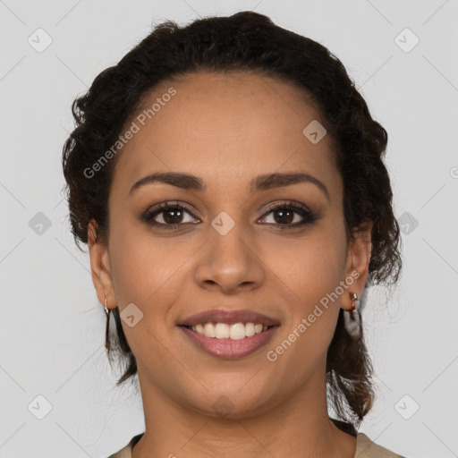 Joyful latino young-adult female with medium  brown hair and brown eyes