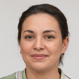 Joyful white adult female with medium  brown hair and brown eyes