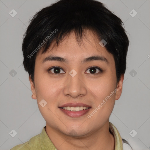 Joyful asian young-adult female with short  brown hair and brown eyes