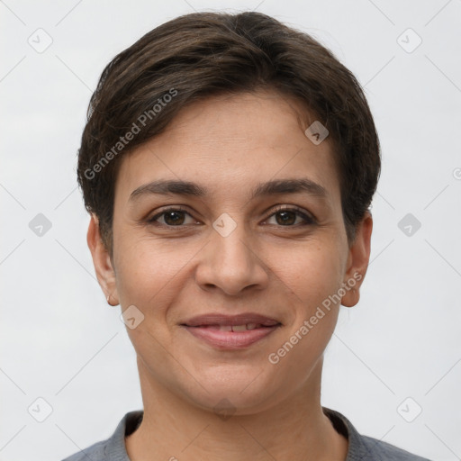 Joyful white young-adult female with short  brown hair and brown eyes