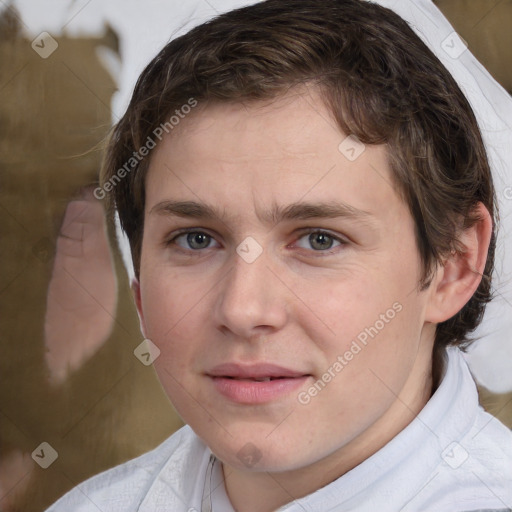 Joyful white young-adult male with medium  brown hair and brown eyes