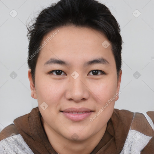 Joyful asian young-adult female with short  brown hair and brown eyes