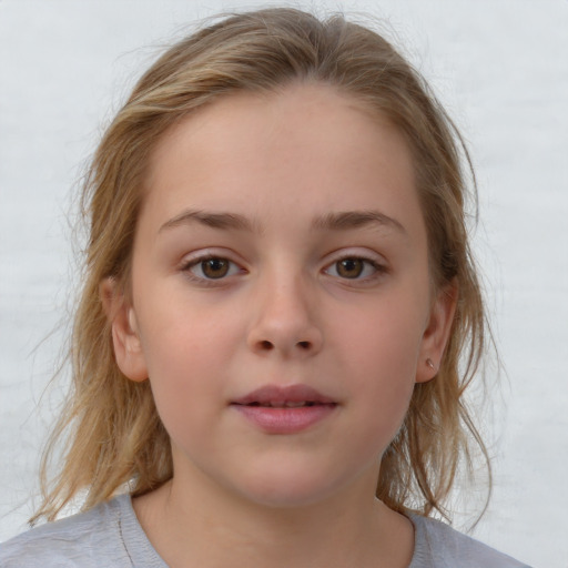 Neutral white child female with medium  brown hair and grey eyes