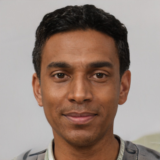 Neutral latino adult male with short  black hair and brown eyes
