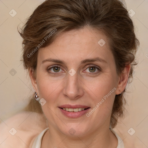 Joyful white young-adult female with medium  brown hair and green eyes