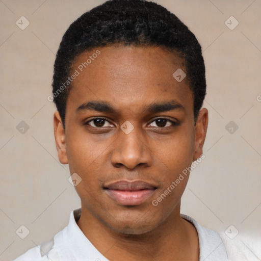 Neutral black young-adult male with short  black hair and brown eyes