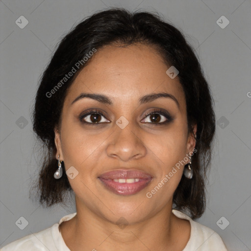 Joyful black young-adult female with medium  brown hair and brown eyes