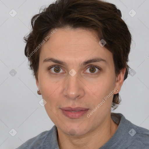 Joyful white adult female with short  brown hair and brown eyes