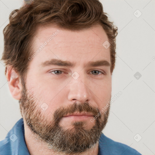 Neutral white young-adult male with short  brown hair and grey eyes