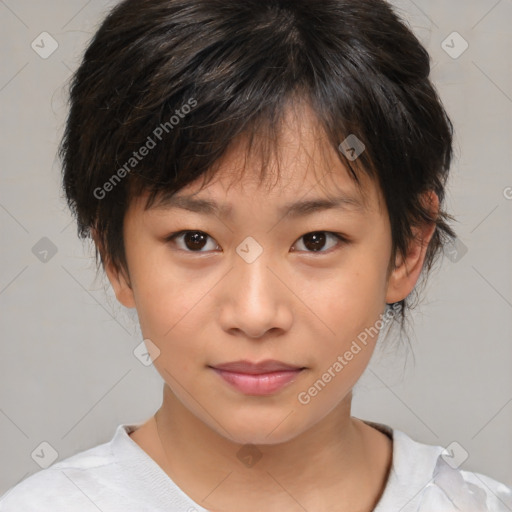 Joyful white child female with medium  brown hair and brown eyes