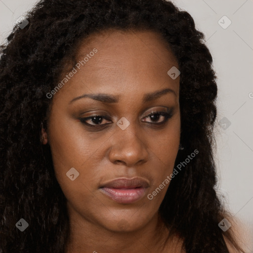 Joyful black young-adult female with long  brown hair and brown eyes