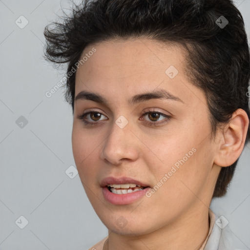 Joyful white young-adult female with short  brown hair and brown eyes