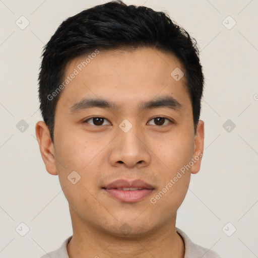 Neutral asian young-adult male with short  black hair and brown eyes