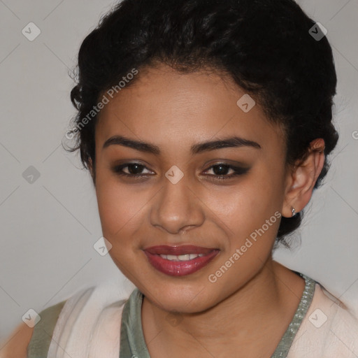 Joyful latino young-adult female with short  brown hair and brown eyes