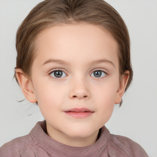 Neutral white child female with medium  brown hair and grey eyes